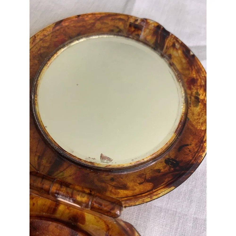 Lucite Mirrored Compact Case Vtg Mavco Rhinestone Hand-painted Floral Tortoise